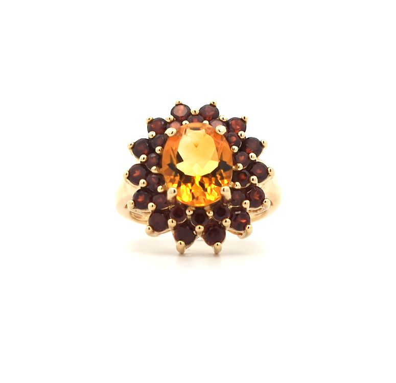 10KT Yellow Gold Natural Almandite Garnet and Natural Citrine Quartz Estate Cluster Ring size 6