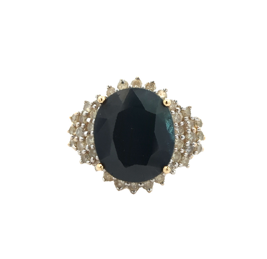14KT Yellow and White Gold Natural Blue Sapphire and 1.14ctw Diamond Estate Cluster Ring