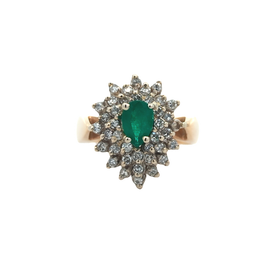 14KT Yellow and White Gold Natural Emerald and 0.32ctw Diamond Estate Cluster Ring size 6.25