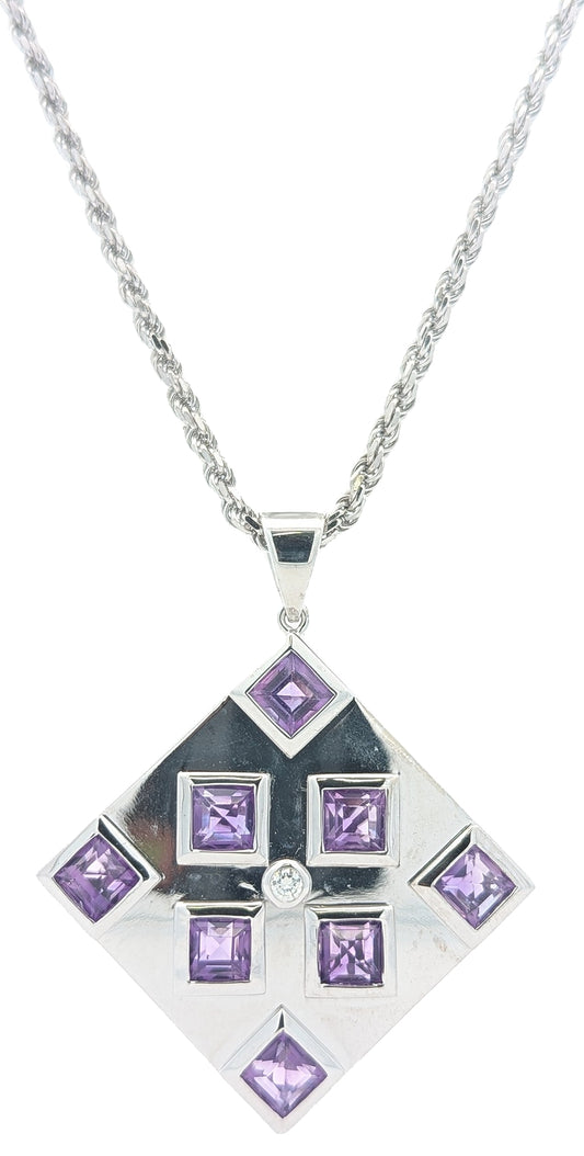 14KT White Gold Natural Amethyst and 0.06ctw Diamond Estate 30" Estate Necklace