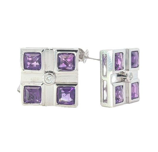 14KT White Gold Natural Amethyst and 0.11ctw Diamond Estate Earrings