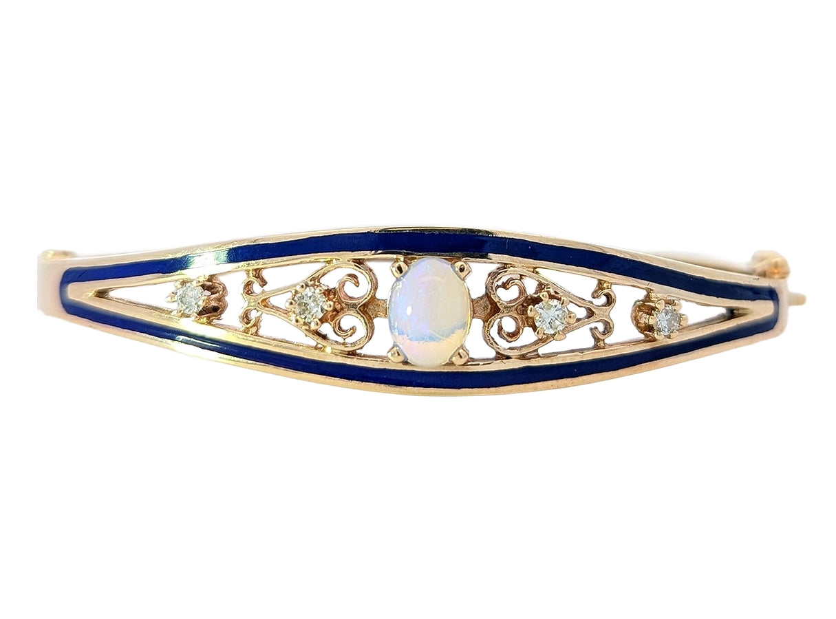 14KT Yellow Gold Opal and 0.18ctw Diamond Hinged Estate Bangle