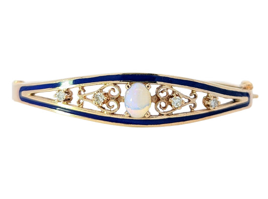 14KT Yellow Gold Opal and 0.18ctw Diamond Hinged Estate Bangle