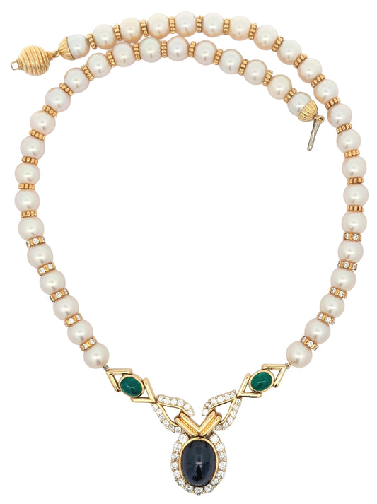 14KT Yellow Gold Nautral Blue Sapphire, Emerald, Pearl and 4.70ctw Diamond Estate Necklace