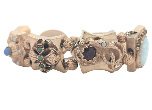 14KT Yellow Gold Natural Amethyst, Almandite Garnet, Opal, Citrine, Blue Sapphire, Jadeite and Pearl 7" Estate Bracelet