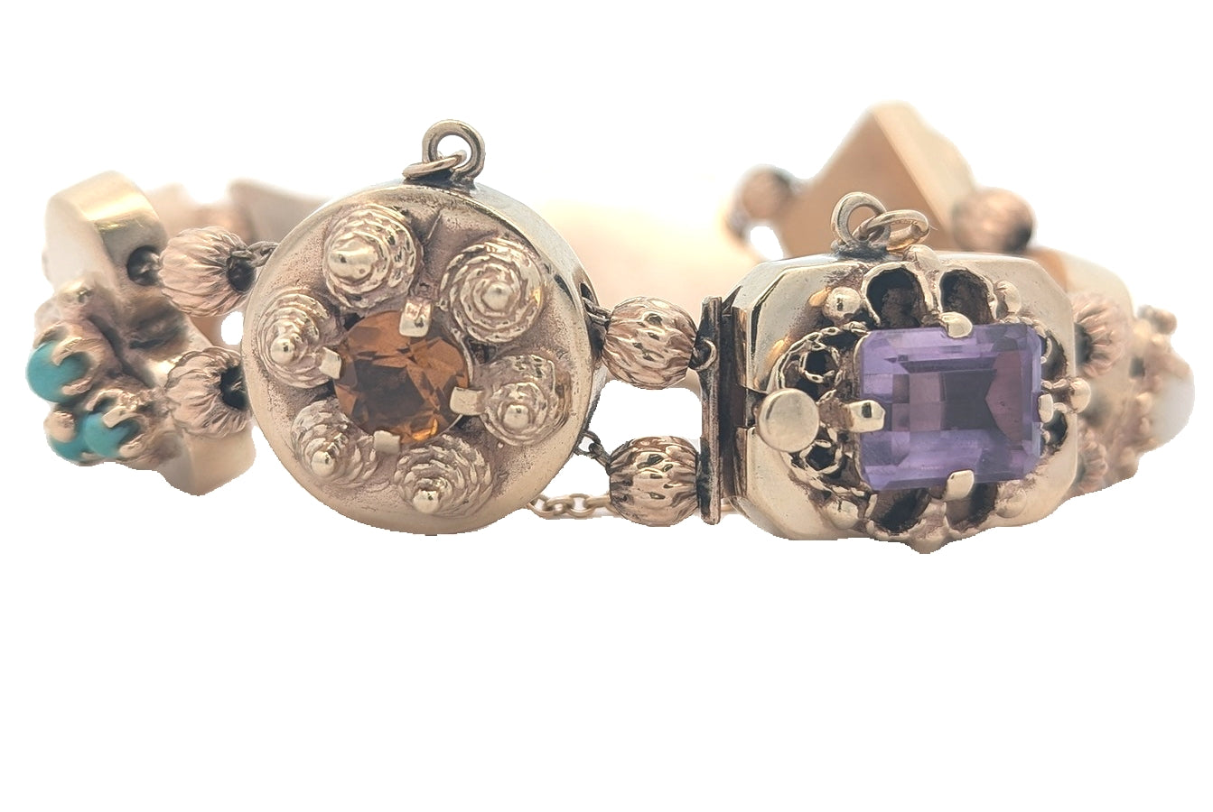 14KT Yellow Gold Natural Amethyst, Almandite Garnet, Opal, Citrine, Blue Sapphire, Jadeite and Pearl 7" Estate Bracelet