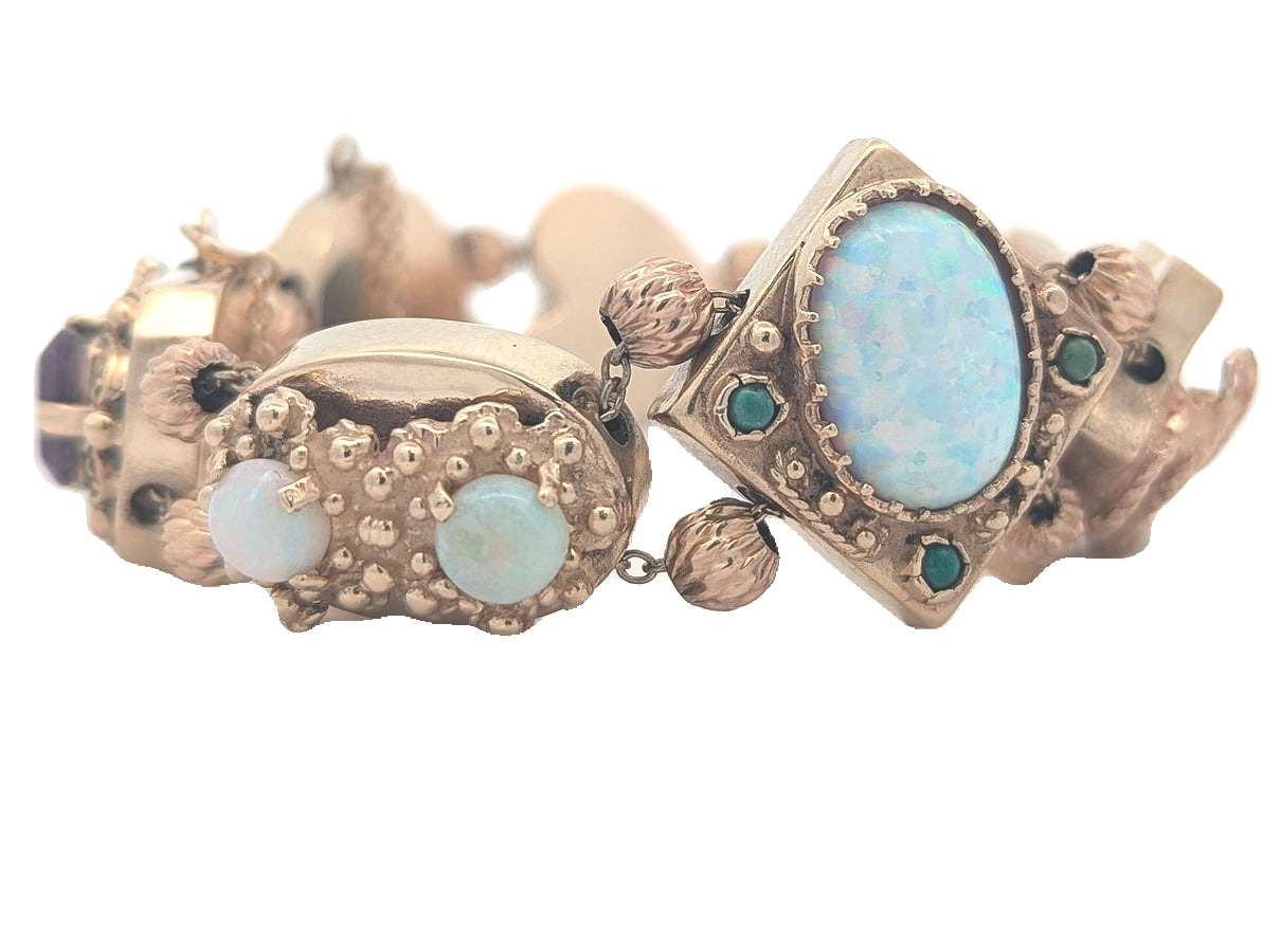 14KT Yellow Gold Natural Amethyst, Almandite Garnet, Opal, Citrine, Blue Sapphire, Jadeite and Pearl 7" Estate Bracelet
