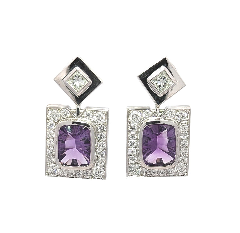 19KT White Gold Natural Amethyst and 1.40ctw Diamond Estate Stud Earrings