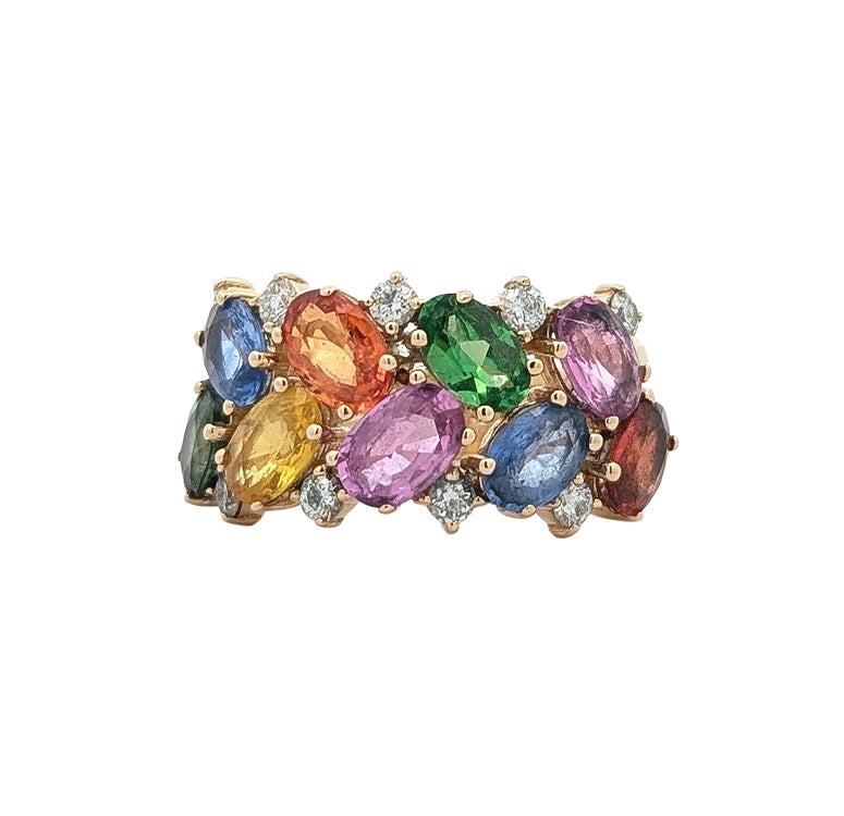 14K Yellow Gold 0.32ctw Diamond Multi-Coloured Sapphire Estate "EFFY" Ring size 6.75
