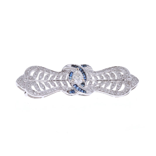 18KT White Gold 0.99ctw Diamond and Sapphire Estate Brooch