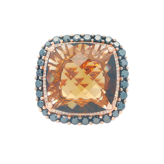 18K Rose Gold Smoky Quartz 2.65ctw Black Diamond Estate Cocktail Ring size 7