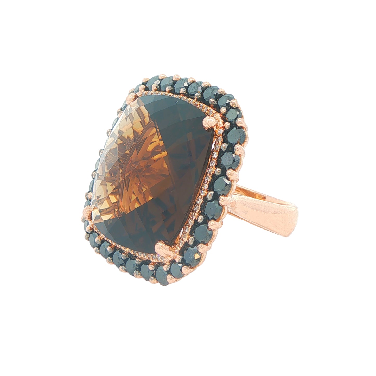 18K Rose Gold Smoky Quartz 2.65ctw Black Diamond Estate Cocktail Ring size 7