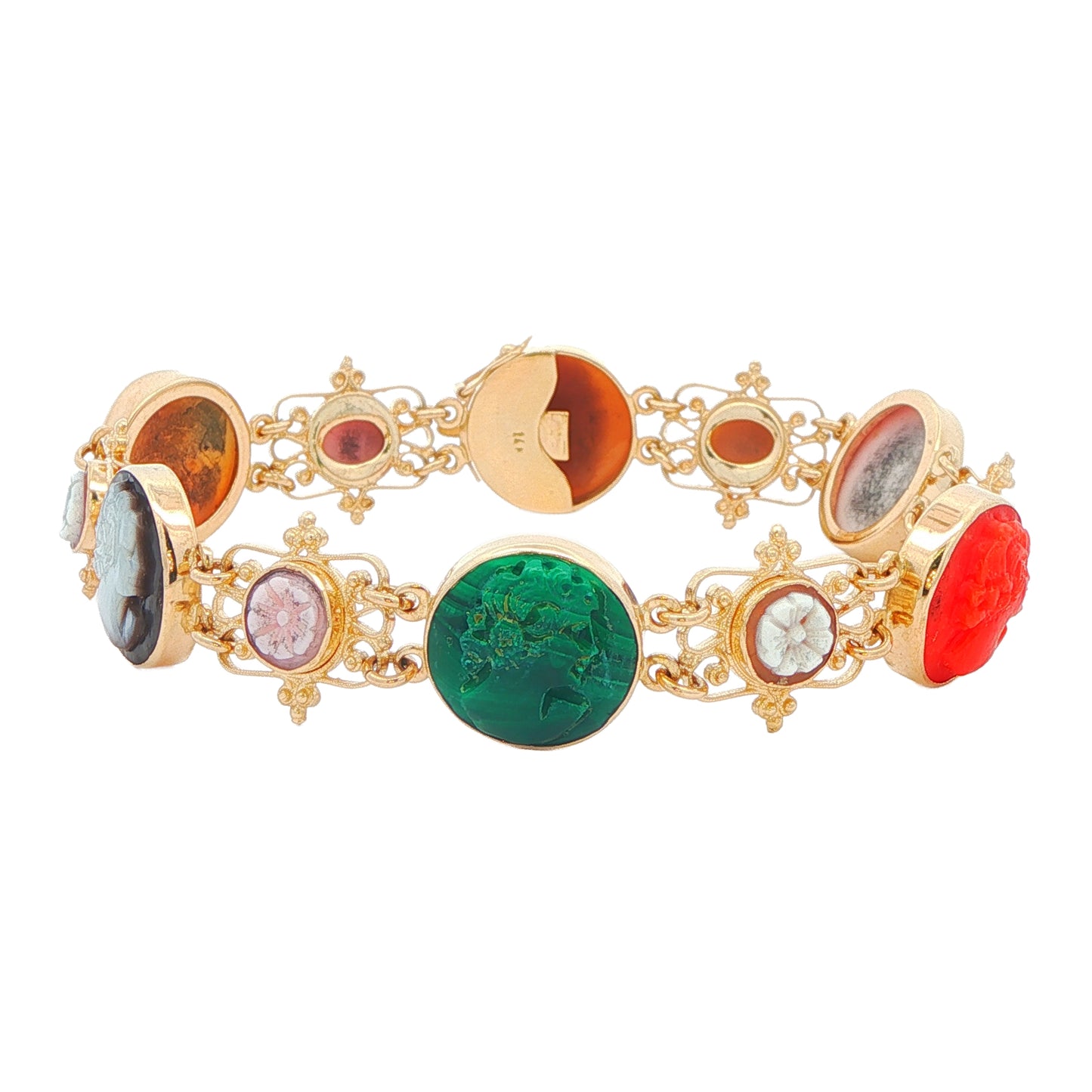 14K Yellow Gold Green Agate, Carnelian, Mother Of Pearl Cameo 8 Estate Bracelet