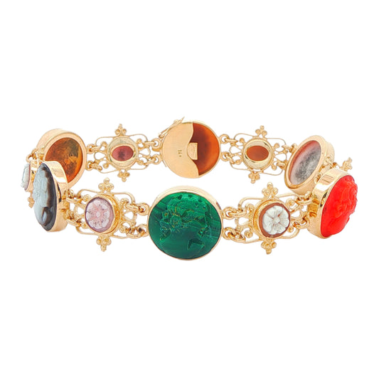14K Yellow Gold Green Agate, Carnelian, Mother Of Pearl Cameo 8 Estate Bracelet