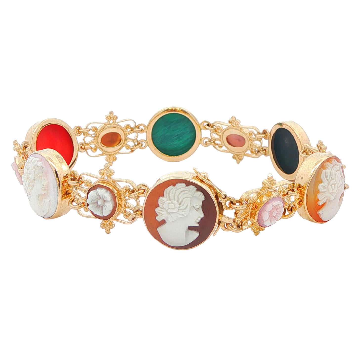 14K Yellow Gold Green Agate, Carnelian, Mother Of Pearl Cameo 8 Estate Bracelet