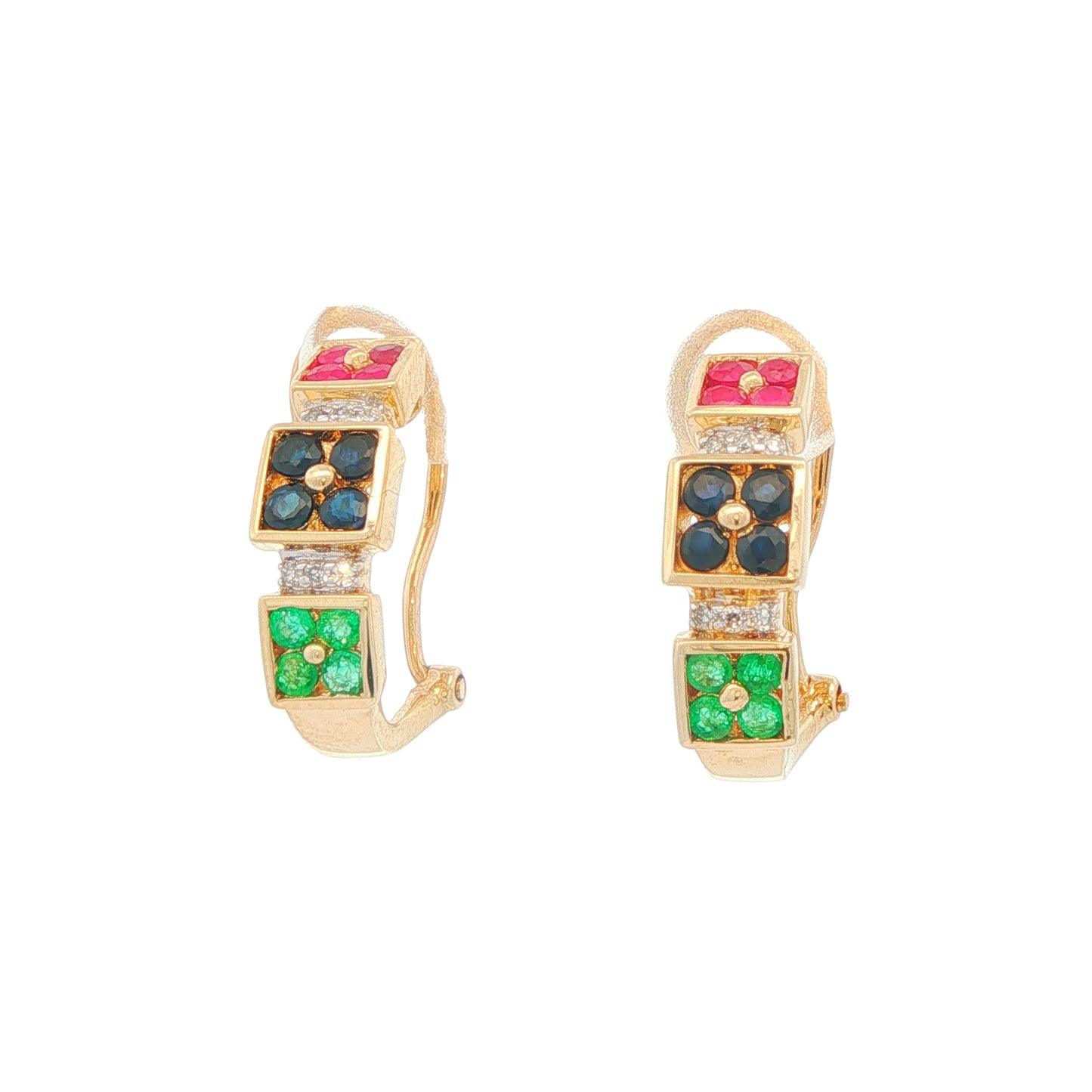 10KT Yellow Gold Emerald, Sapphire, Ruby, 0.06ctw Diamond Estate Hoop Earrings