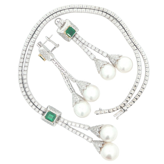 18 KT Two-tone Gold Necklace and Matching Earrings Featuring Diamonds, Pearls and Emeralds