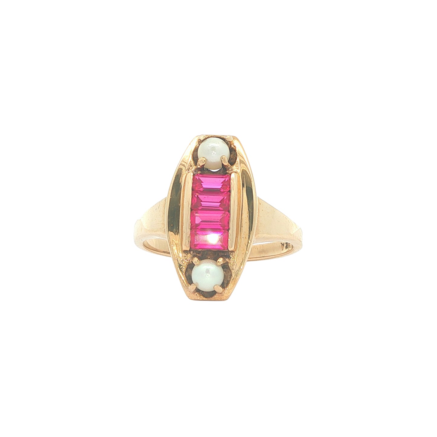 10K Yellow Gold Synthetic Ruby Natural Pearl Estate Ring size 6.25