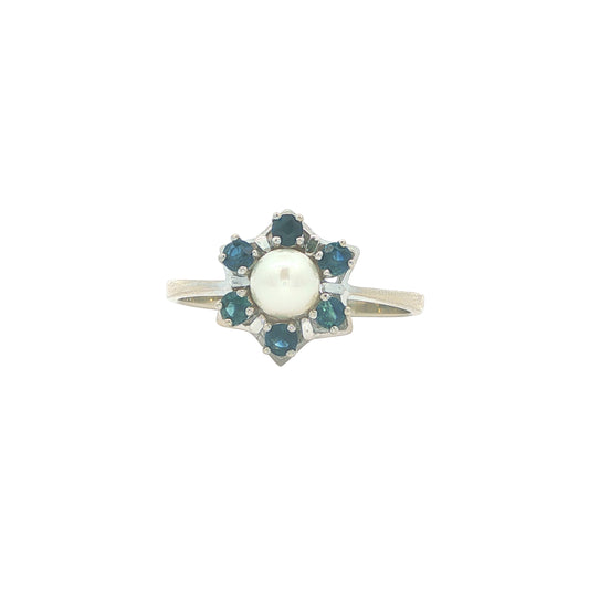 14K White Gold Pearl Sapphire Estate Ring size 10