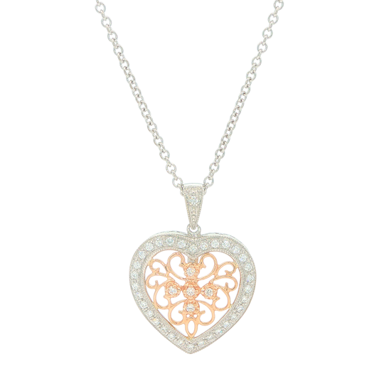 14KT White and Yellow Gold 0.25cttw Diamond Heart Shaped Estate Pendant and Rolo Link Chain 16