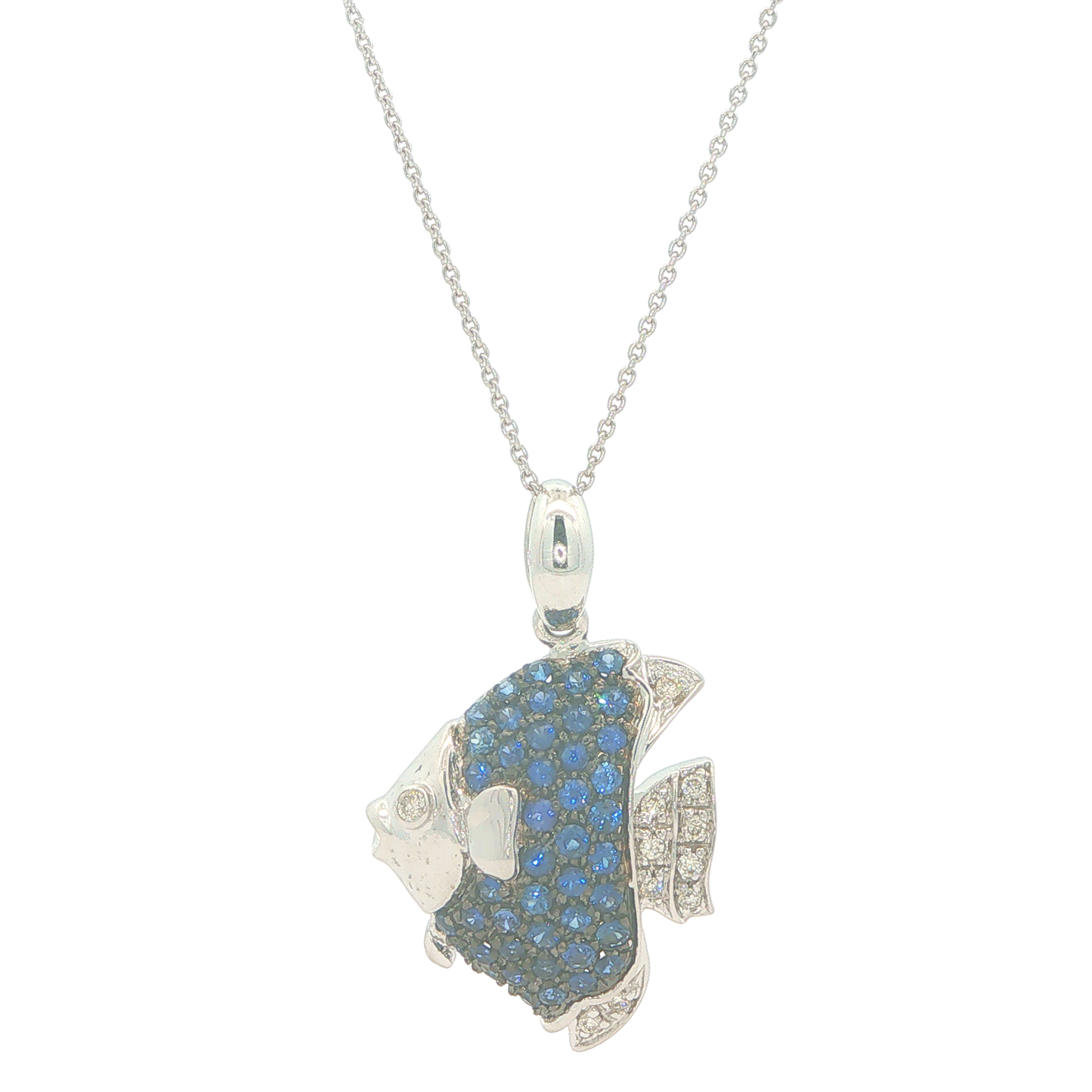 18KT White Gold Sapphire and 0.12cttw Diamond Estate Fish Pendant with a Light Rolo Link Chain 18"