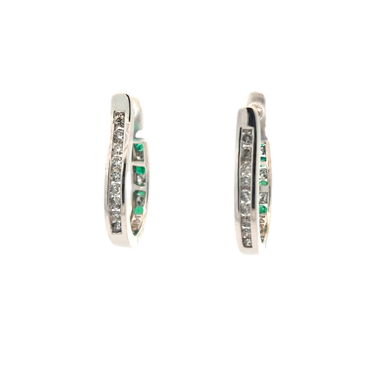 14KT White Gold Natural Emerald and 0.49ctw Diamond Estate Hoop Earrings